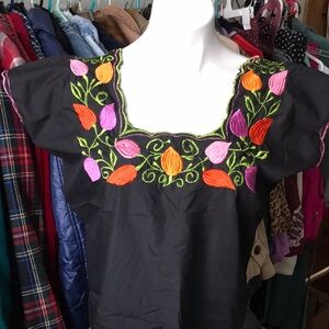 Mexican Embroidered Black Blouse with Colorful Floral Design